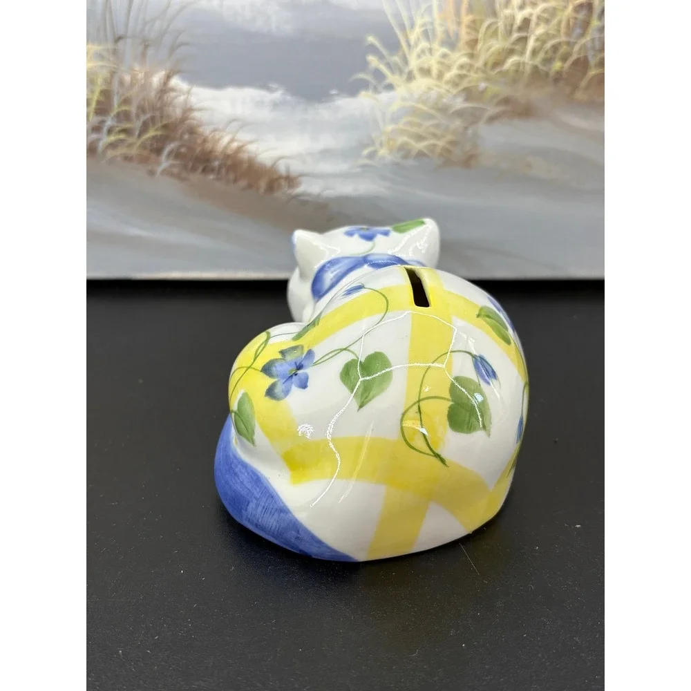 Vintage Ceramic Sleeping Cat Piggy Bank Blue Floral Yellow Gingham Figurine